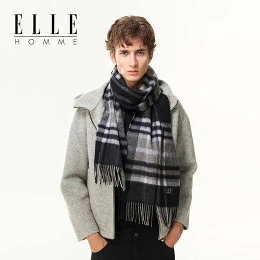 ELLE Fashion Plaid Tassel Scarf Men's and Women's Universal Pure Wool Autumn and Winter Warm Scarf Men's Gift Box