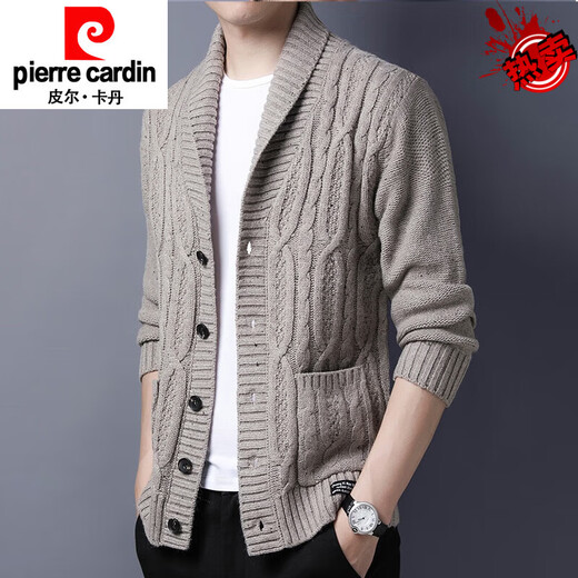 Pierre Cardin Men's Sweater Casual Knitted Cardigan Thickened Spring and Autumn New Warm Green Fruit Collar Wool Loose Jacket 2203-Gray 2XL 151-170Jin Jin equals 0.5 kg
