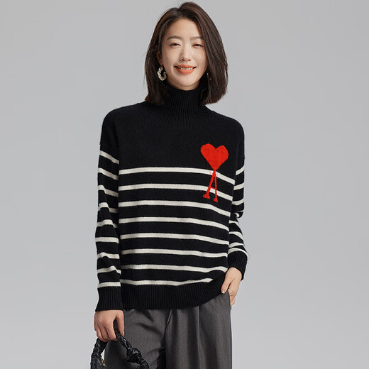 Pash Qingcang Cashmere Sweater Women's 100% Cashmere Autumn and Winter Turtleneck 400g Thickened Loose Sweater 83 Classic Black L