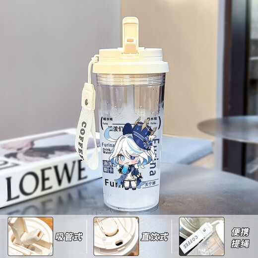 Der Wasserbecher von Xianggeng Bird Genshin Impact Naxida Girls, die hochwertige, großkapitäre Sportstudenten, männliche und weibliche Plastik-Anti-Fall-Strohhalm BXAO15939 God Sohn drei Getränke Design [500 ml weiß] begleitet