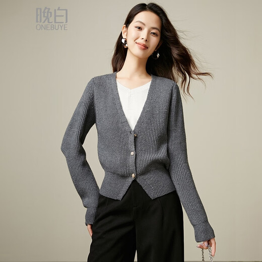 Late White 2025 Autumn and Winter Design Lazy Wind Contrast Color Splicing Fake Two-Piece Knitted Sweater Versatile Slim Sweater Women Dark Gray S