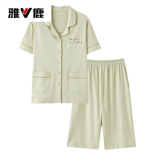 雅鹿夏季睡衣女纯棉短袖七分裤可外穿休闲开衫大码家居服两件套装 NX9898 3XL