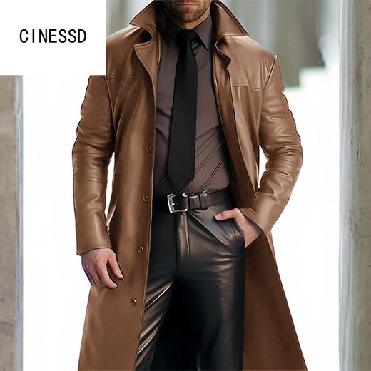 CINESSD nuevo traje de COSPLAY de cuero PU largo cortavientos de color sólido con solapa transfronteriza para hombres rojo 2XL XXL
