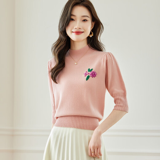 Shexi (Srcr) pure wool sweater small short embroidered sweater for women elegant age-reducing half turtleneck mid-sleeve bottoming sweater