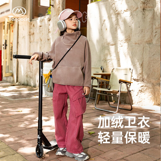 BANDOCIN Half-time casual girls' velvet sweatshirt autumn and winter clothing for middle and older children new children's loose thickened bottoming top Xuan purple pink 170