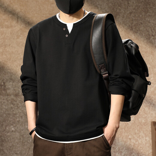 Famous American retro pure cotton Henry shirt long-sleeved T-shirt men's V-neck autumn new black fake two-piece Henry collar bottoming shirt Brown M Weight 100-130Jin Jin is equal to 0.5 kg
