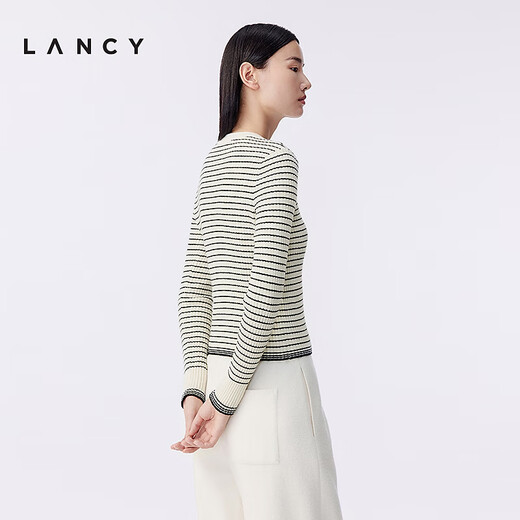 LANCY wool cashmere new winter striped sweater women's elegant design short top white L