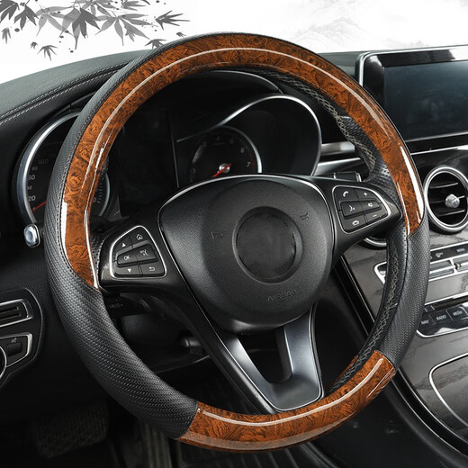 Select peach wood grain steering wheel cover for all seasons, carbon fiber grain car handle cover accessories, non-slip and sweat-absorbent car interior decoration, peach wood grain carbon fiber grain, peach wood grain type 0