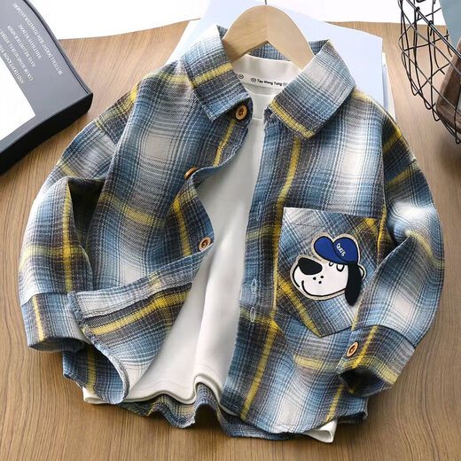 Korean style trendy boys' V-neck boys' long-sleeved casual plaid shirt tops Korean style spring and autumn cardigan p283 plaid shirt - white and green plaid size 110 recommended height 100-cm