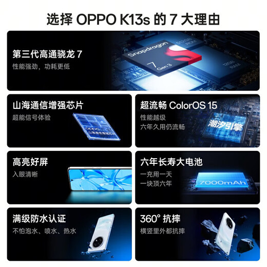 OPPO K13s, new generation of performance, powerful and smoother, third generation Snapdragon 7, anti-fall and wear-resistant, full Netcom, new 5G waterproof phone, super white, 12GB+256GB