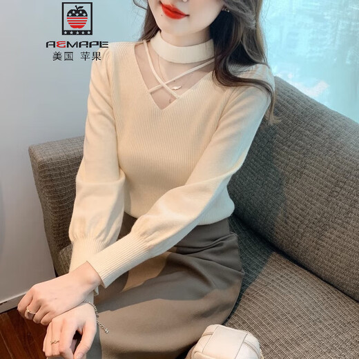 AEMAPE sexy hollow half turtleneck knitted bottoming shirt for women in autumn and winter fashionable style with lantern sleeve top and versatile sweater, apricot color, one size fits all (80-135Jin Jin is equal to 0.5 kg)