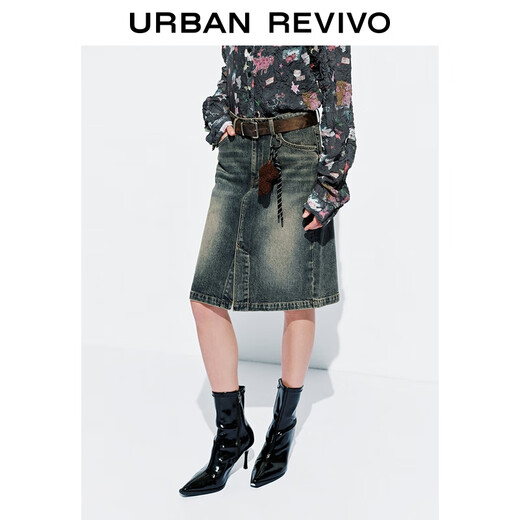 
UR2025 autumn new women's flowing style retro washing belt hanging denim skirt UYV850132 blue M