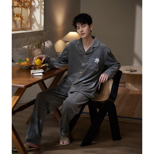 Mrs. Slee SLEEP TIGHT Couple Pajamas 2025 New Women's Winter Island Velvet Thin Velvet Cardigan Fashionable Temperament Men's Autumn and Winter Home Clothing WZTR95861-Men's XL