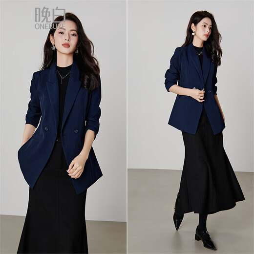 Late white off-size clearance 2026 spring double-breasted lapel top temperament fashion versatile commuter suit jacket for women dark blue S