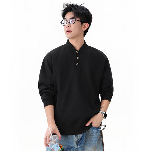 Homlean Heavy Henley Collar Solid Color Sweatshirt Men's Spring Fashion Versatile Loose Casual Bottoming Top HQ00 Black L