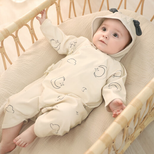Bali Piggy Two-piece Newborn Baby Clothes Spring and Autumn Pure Cotton Butterfly Clothes Four Seasons Size 52 Delivery Room Baby One-piece Dream Moon + Fog Gray 59cm