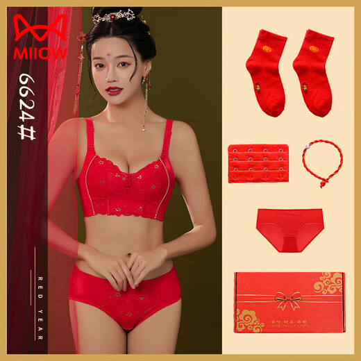 Catman Big Red Sternzeichen-Jahr-Unterwäsche für Damen, kleine Brüste, gerafft, ohne Kabel, Schlange, Jahr, Hochzeit, Braut, sexy BH-Set 6624, Glücks-Geschenkbox-Set, 90C/40