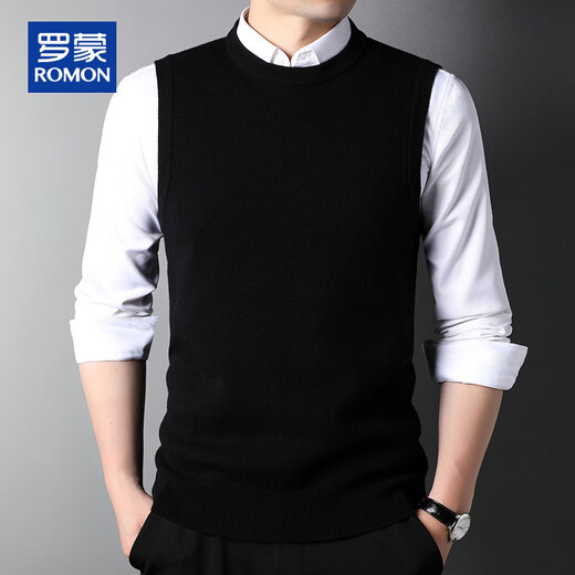 ROMON 100% pure wool sweater men's thick vest round neck autumn and winter casual vest sleeveless waistcoat sweater for middle-aged and young people