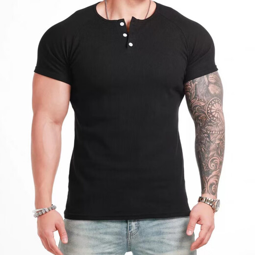 Chuangjingyi chooses fitness long-sleeved American Henry shirt long-sleeved threaded cotton retro men's tough guy raglan fitness show big Henry collar T Henry short-sleeved (black) M suitable for 50-60kg_tight slim fit