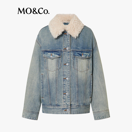 MO&Co. Denim Jacket 2025 Winter New Arrival Cotton Wandering Style Nostalgia White Light Blue Detachable Fur Collar MBE4JKTT03 Denim Blue S /160