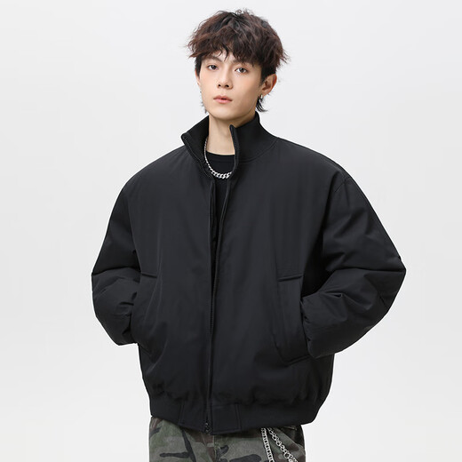 Wassup Sohot cotton jacket men's autumn and winter stand collar thickened warm flight jacket casual handsome down jacket black L