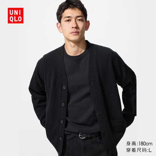 Uniqlo Men's and Women's Soft Sheep Wool V-neck Knitted Cardigan/Sweater Sweater Jacket 25 New Style 478547 09 Black XL/180/108B
