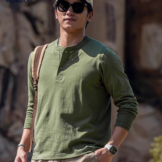 Haixing outdoor breathable cotton t-shirt men's henley shirt men's casual polo shirt long-sleeved top with base layer military green M (reference 125-140Jin Jin is equal to 0.5 kg)