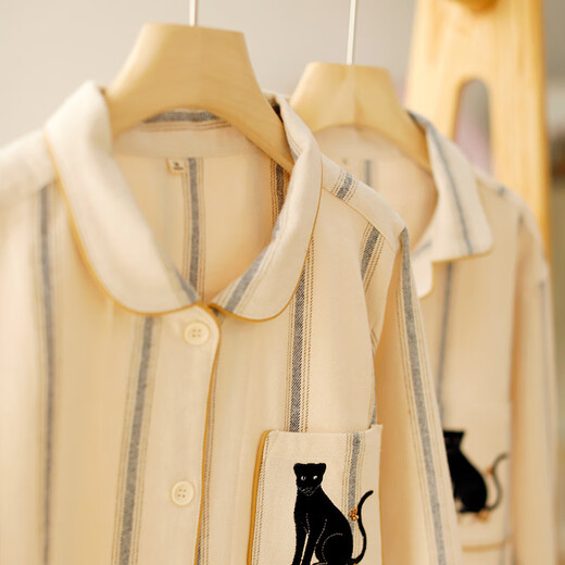 First look for Japanese simple striped high-end pure cotton flannel couple pajamas spring and autumn new men and women casual simple home clothes off-white men's XL