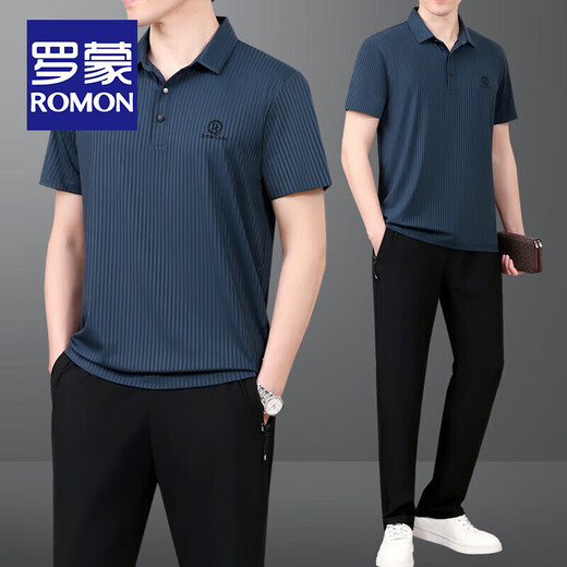 ROMON dad summer suit dad summer ice silk short-sleeved T-shirt middle-aged and elderly casual sportswear suit men's quick-drying 753 dark blue short-sleeved + trousers XL recommended 120Jin Jin equals 0.5kg -140Jin Jin equals 0.5kg
