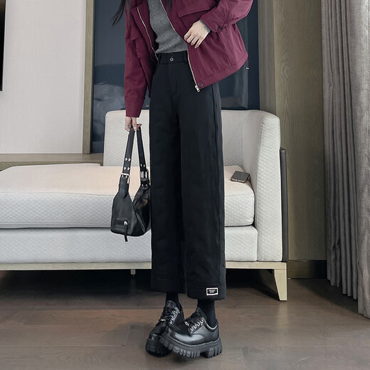 KOVLLIAEN Down Pants Women's Winter Fashion Straight Thickened Warm Plush Pants High Waist Coldproof Nine-Point Cotton Pants for Small People Black XL