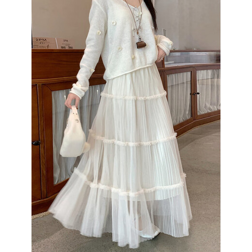 Black mesh skirt for women 2025 autumn new thickened front and back high waist a-line skirt autumn and winter pleated skirt long skirt black one size fits all lined