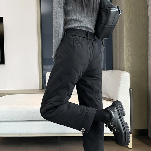 KOVLLIAEN Down Pants Women's Winter Fashion Straight Thickened Warm Plush Pants High Waist Coldproof Nine-Point Cotton Pants for Small People Black XL