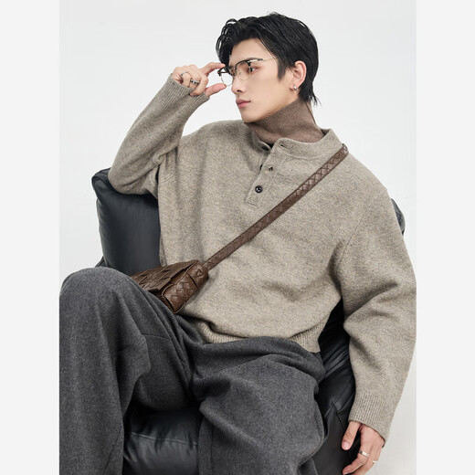 Piaget Zall 25 Autumn and Winter Henley Collar Design Knitted Sweater Men's Solid Color Pullover Bottoming Sweater Loose Top Mocha Color M _170