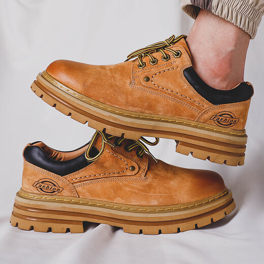 
Paul Camel Men's Shoes Spring Work Shoes Men's Low Top Genuine Leather British Casual Leather Shoes Thick Sole Rhubarb Martin Boots F3889_Golden 38