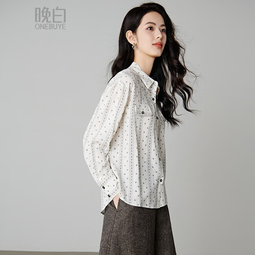 Late White New Product 2025 Autumn Temperament Printed Shirt Skin Friendly Elastic Casual Lapel Shirt Women Color M