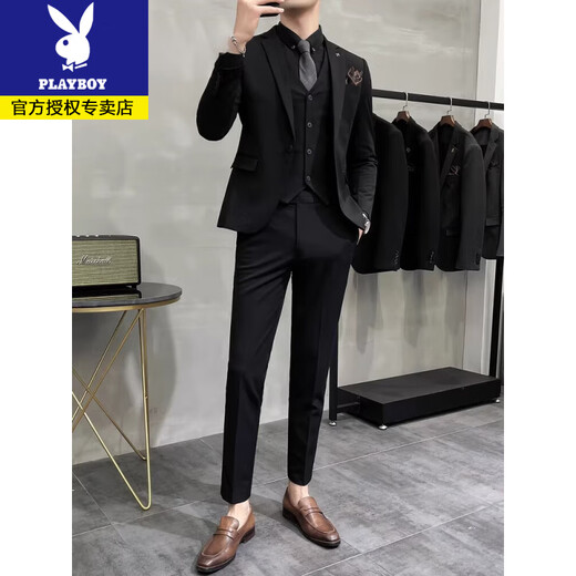 Playboy Spring and Autumn Groom Suit Men's Slim Suit Large Size Solid Color Wedding Dress Business Casual Interview Formal One Button Thin Dark Gray (Suit+Vest+Trousers, Free Black Shirt Bow Tie L 50
