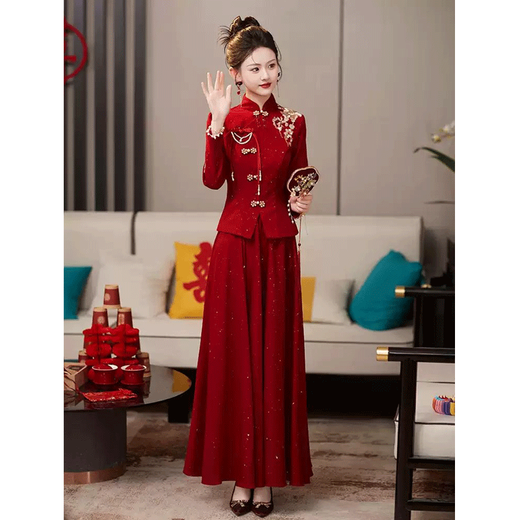 SAIDELE Wedding Toast Wear 2025 New Bride Light Luxurious Engagement Dress Back Door Service Autumn and Winter Cheongsam Chinese Wedding Dress for Women Burgundy M