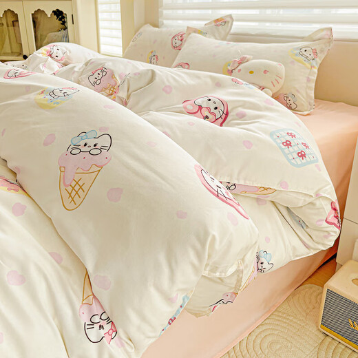 Four-piece bedding set pure cotton for home maternal and infant grade double-layer gauze sheets and quilt cover single student dormitory three-piece set Sweetheart KT 1 meter bed quilt cover 150*200 sheets 160*230 pillowcase 1