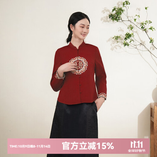 Cloth symbol red knitted symmetrical embroidered shirt 2025 autumn and winter new Chinese style stand collar long-sleeved women's clothing red knitted L