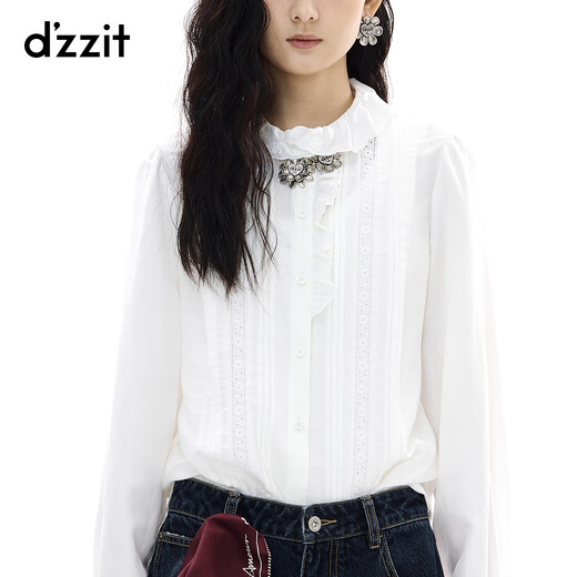 DZZIT Liu Haocun's same style ground shirt 2025 winter new girly style ruffle top for women 3J4D5501B white XS