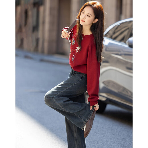 Demana 350G brushed air layer winter warm Korean style round neck embroidered long-sleeved loose sweatshirt women's top