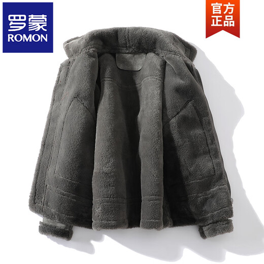 ROMON fur integrated men's winter large size velvet thickened leather jacket short motorcycle jacket leather jacket men's lamb wool jacket gray M