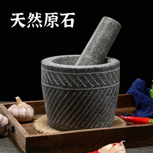 He Jiagong Large Handmade Raw Stone Garlic Pounder Natural Household Stone Mortar Pounding Jar Grinder Garlic Peeler Garlic Press Garlic Mortar Large Handmade Cylinder Type Carving with Stone Hammer