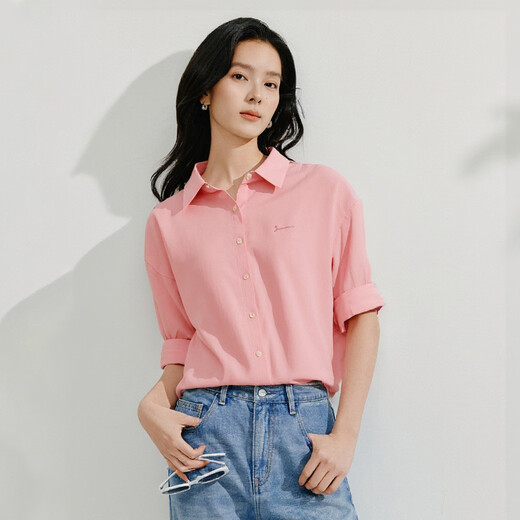 INMAN Pure Cotton Commuting Simple European Style Blue Shirt Women's 2025 Summer Versatile and Comfortable Embroidered Back Slit Shirt Falling Cherry Pink S