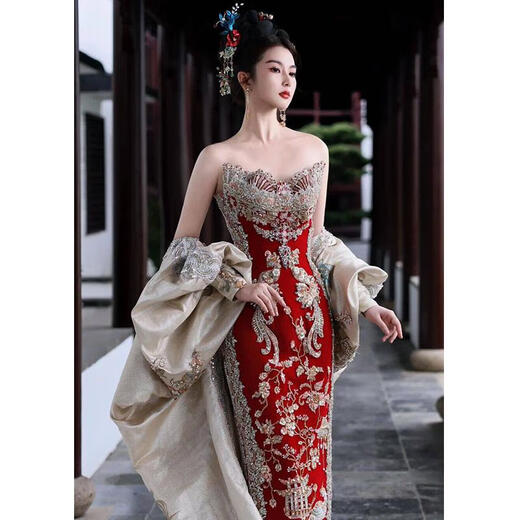 Xiuhe Shijia Xiuhe Clothing New Tube Top Bridal High-end Going Out Clothes Retro Trailing Heavy Industry Slim Small N-869 Luxury Style (Cheongsam)_ S