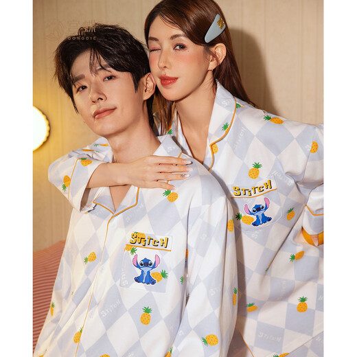 Gongdie Light and Soft Disney Stitch Couple Pajamas Women's Long Sleeve Men's Spring and Autumn Suit Home Clothing Outerwear
