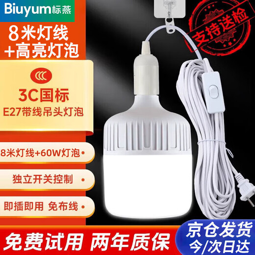 Biuyum plug socket chandelier switch extension cord hanging LED energy-saving lamp with cord plug integrated lamp E27 screw socket two plugs 8 meters light cord + 1 60W bulb