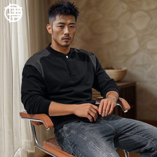 Enlightenment 380G heavyweight thickened Henley sweatshirt men's waist stitching contrasting loose cotton long-sleeved T-shirt autumn and winter black 2XL (160-180Jin Jin is equal to 0.5 kg)