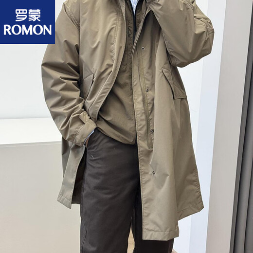ROMON high-end loose silhouette windproof stand collar windbreaker men's long coat solid color basic commuter coat couple style camel 475680 L