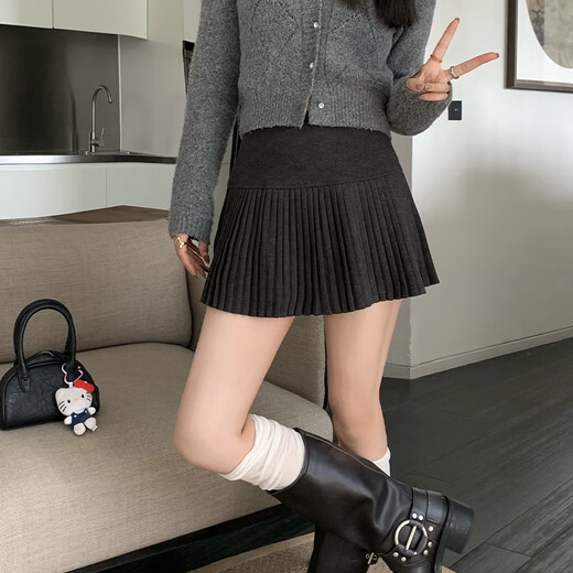 Lu Shanwu knitted pleated skirt woolen skirt anti-exposure A-line skirt women's autumn and winter versatile gray high-waisted skirt woolen pleated skirt short skirt dark gray M recommended 90-100Jin Jin equals 0.5 kg